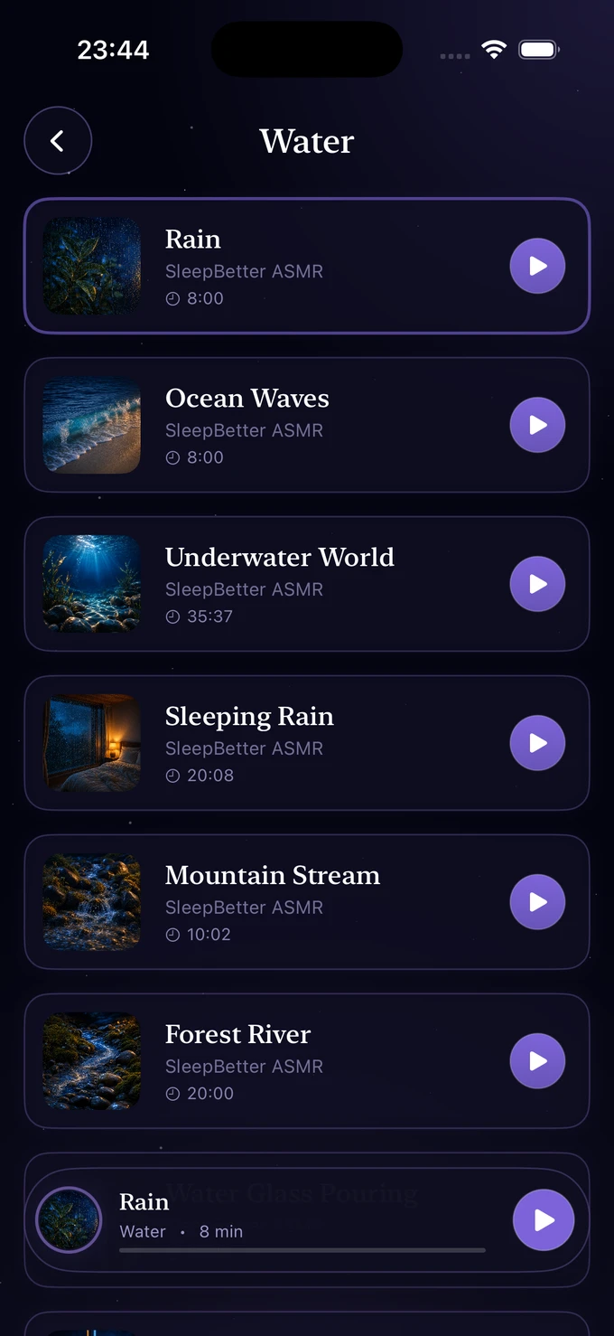 SleepBetter water sounds library with Rain, Ocean Waves, Sleeping Rain and Mountain Stream