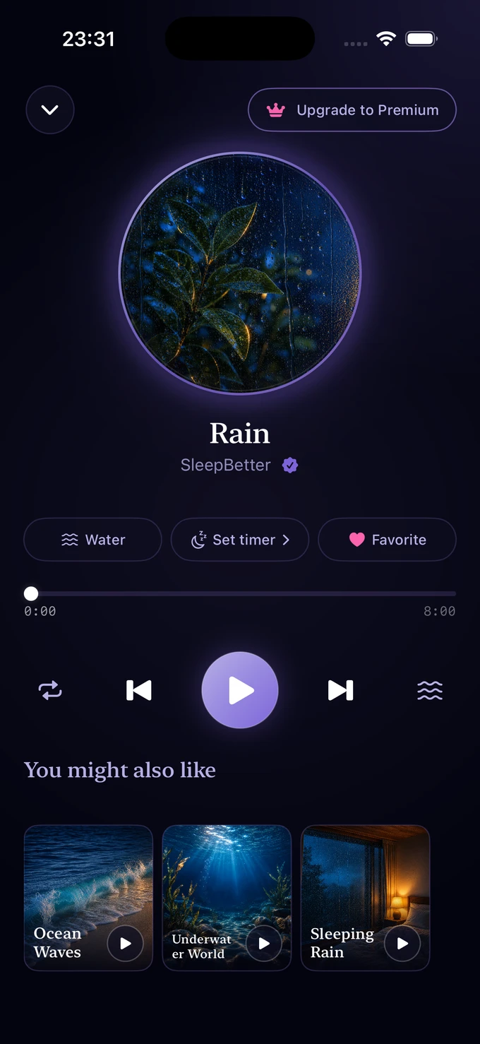 SleepBetter Rain player with a sleep timer and favorite control