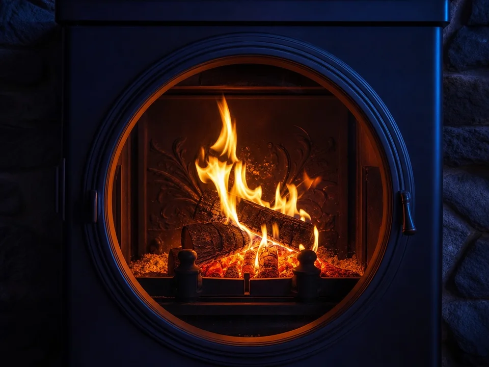 Warm glowing embers and a gently burning fireplace