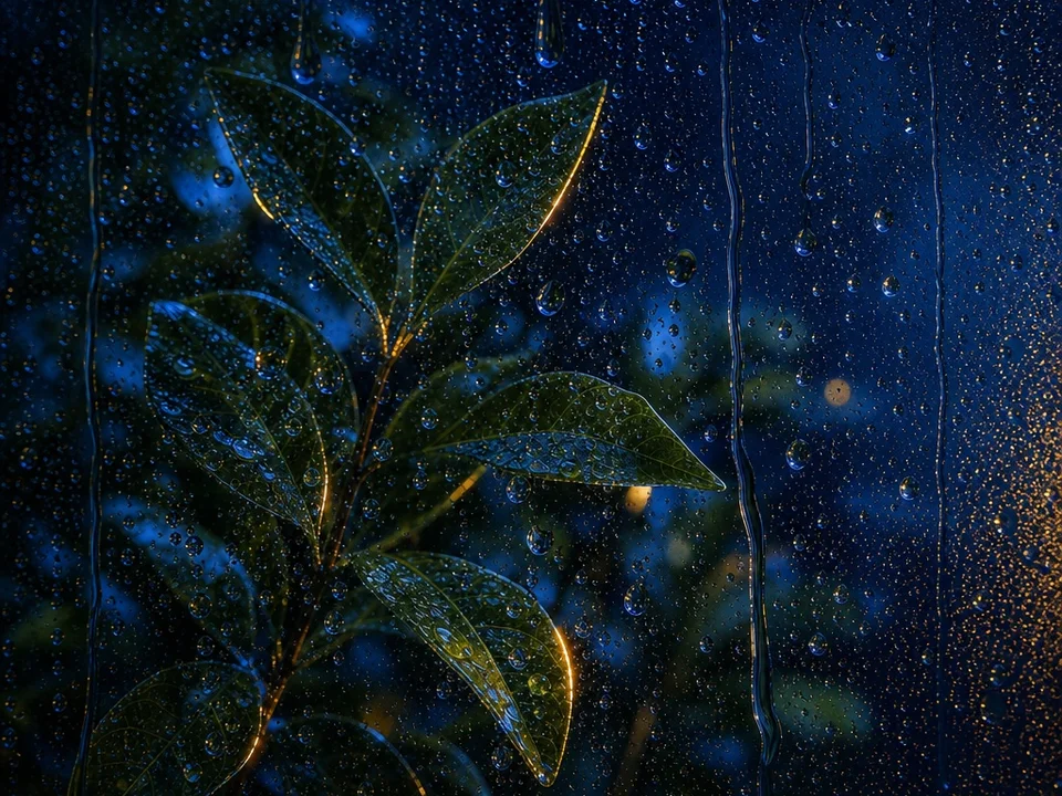 Rain droplets on a window with green leaves beyond the glass